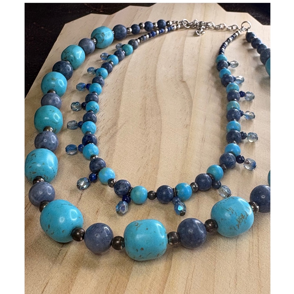 Southwestern Turquoise Statement Necklace Double Strand Artisan Blue Crystal